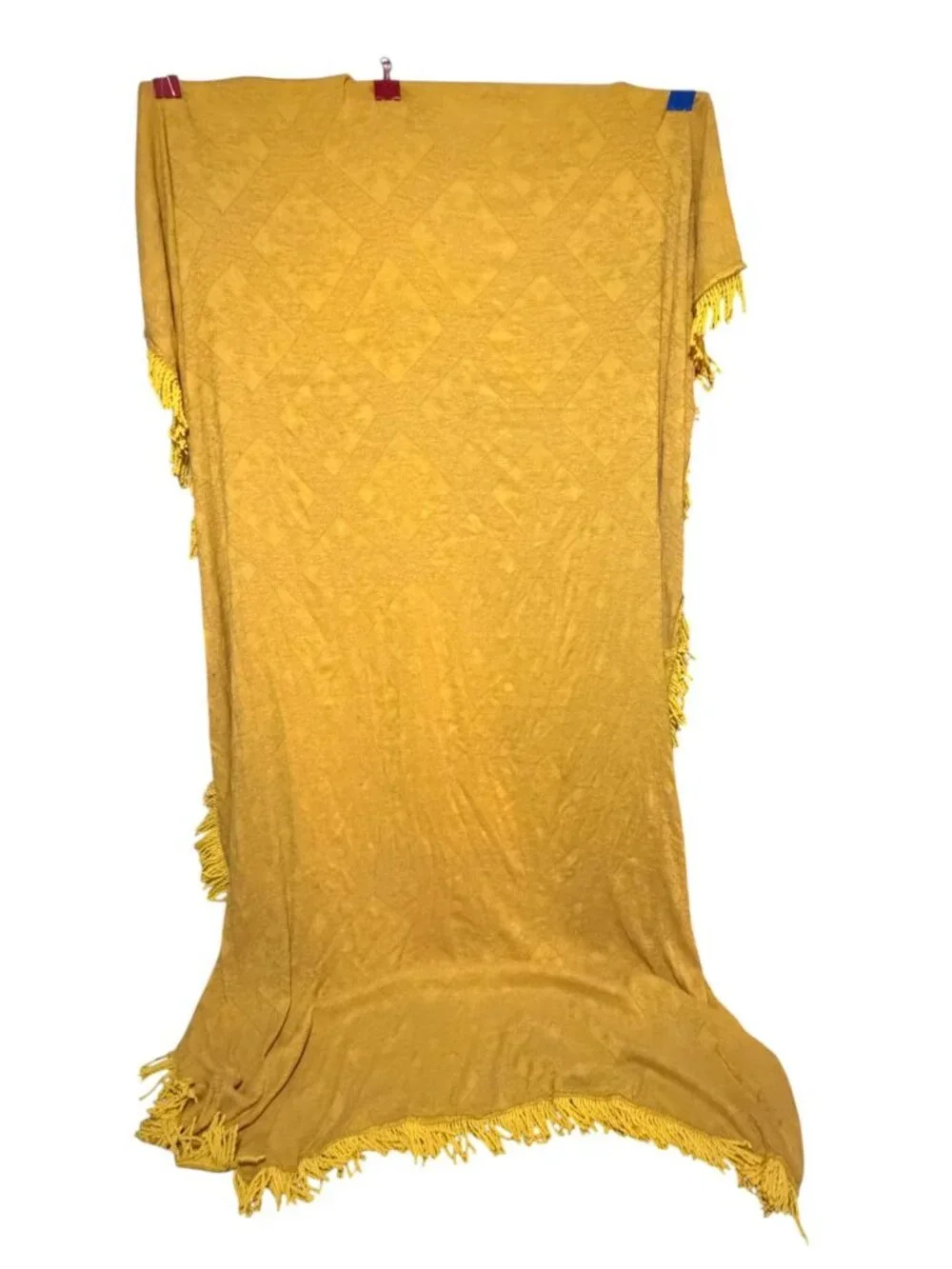 VTG Chenille Bedspread Fringe Mustard Yellow Pale Red MCM Grannycore Twin Full